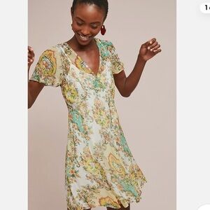 Anthropologie Delaunay Akemi + Kin Floral Mini Boho Dress - Green and Yellow